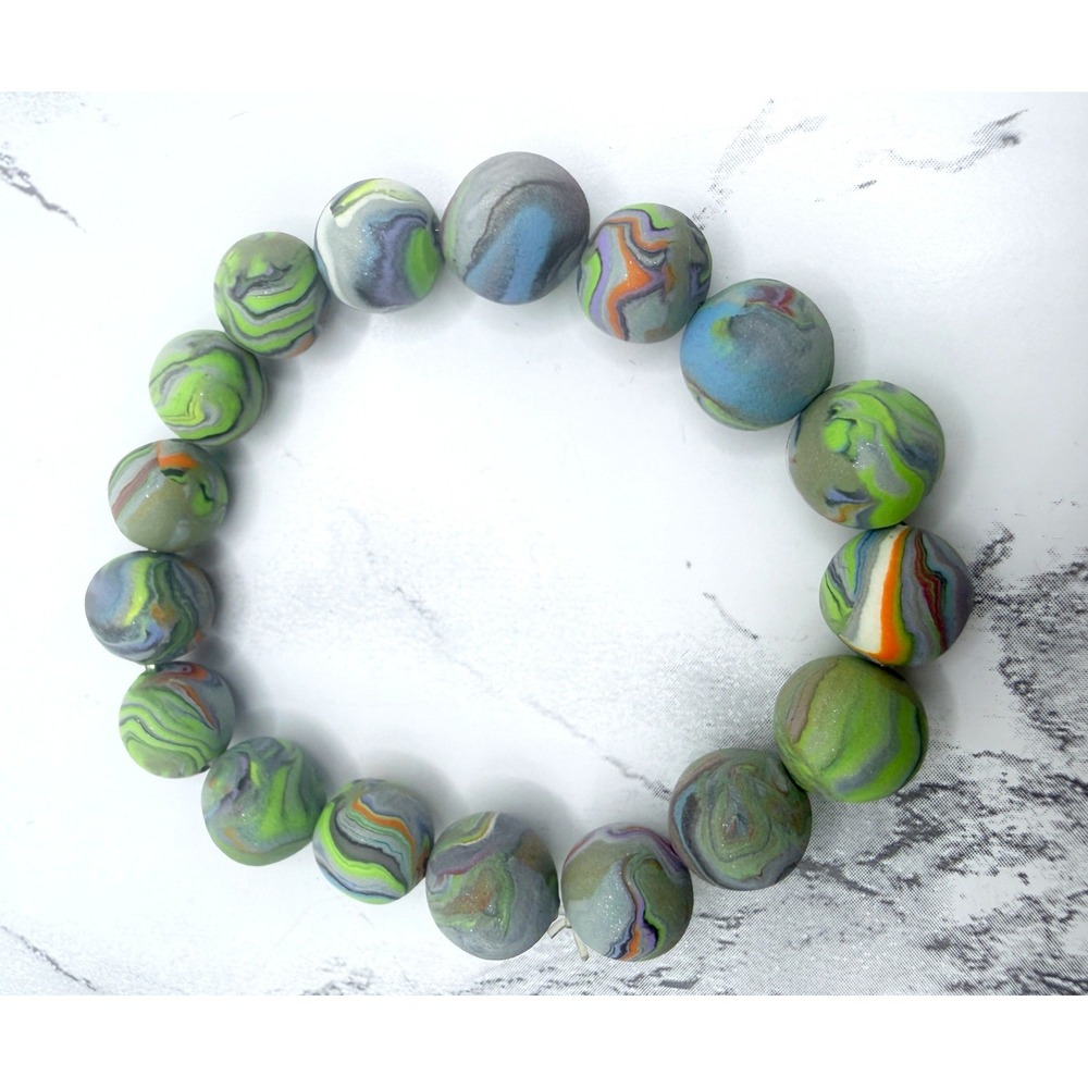 Handmade Polymer Clay Stretch Bracelet Green Gray Marbled Beads Boho Artisan 7"